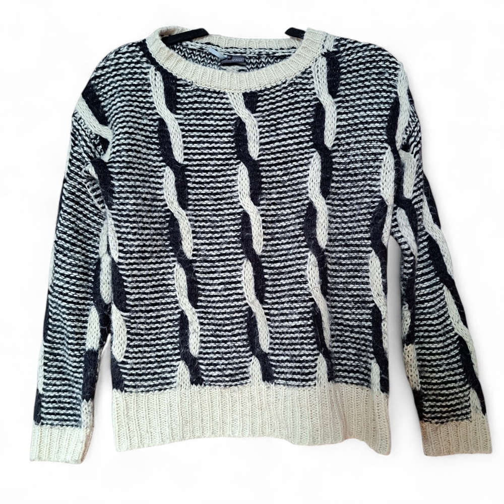 Sparkle & Fade Chunky Knit Sweater Black Cream Cable Pattern XS